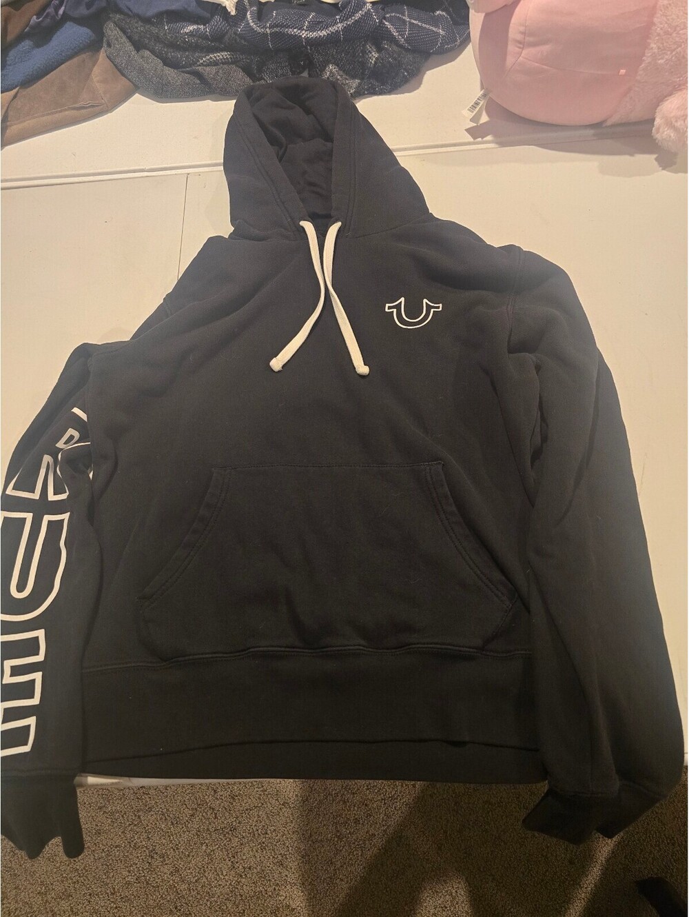 True Religion Black Pullover Hoodie with Sleeve Logo